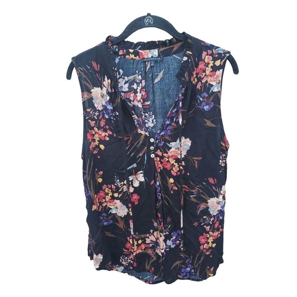 Staccato Blouse Tank Top Medium Womens Black Floral Buttons V Neck Sleeveless